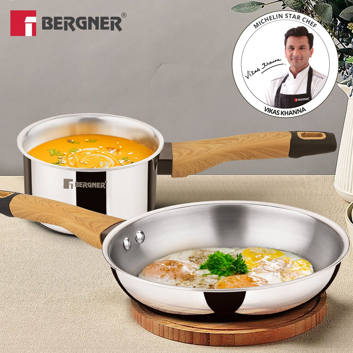 Bergner TriPro Triply Stainless Steel 2 Pcs Wooden Soft Touch Handle Cookware Set