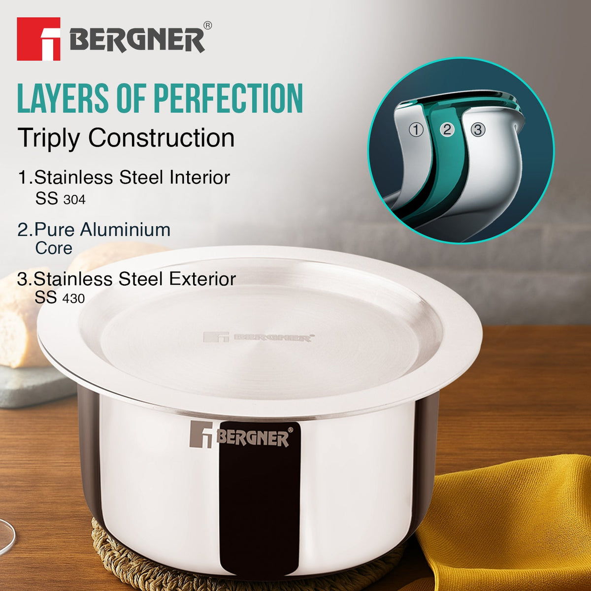 Bergner TriPro Triply Stainless Steel 3 Pcs Cookware Set