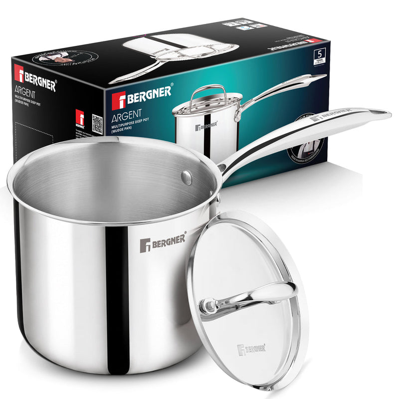 Bergner Argent Triply Stainless Steel Deep Pot (Mudde) 16cm (3L) with Lid