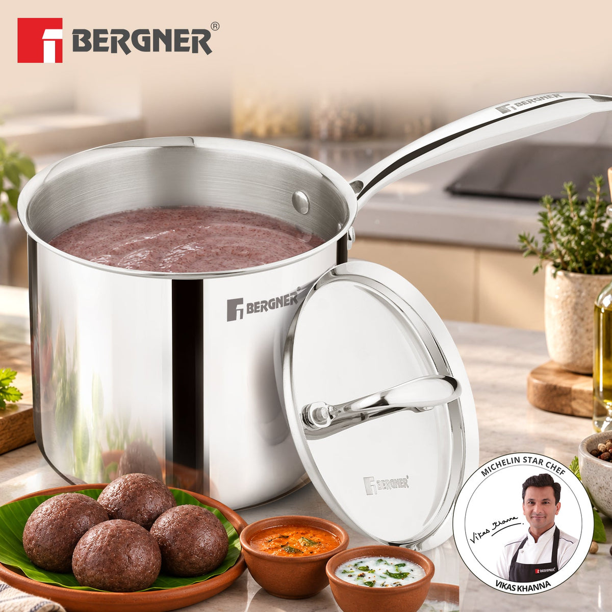Bergner Argent Triply Stainless Steel Deep Pot (Mudde) 16cm (3L) with Lid