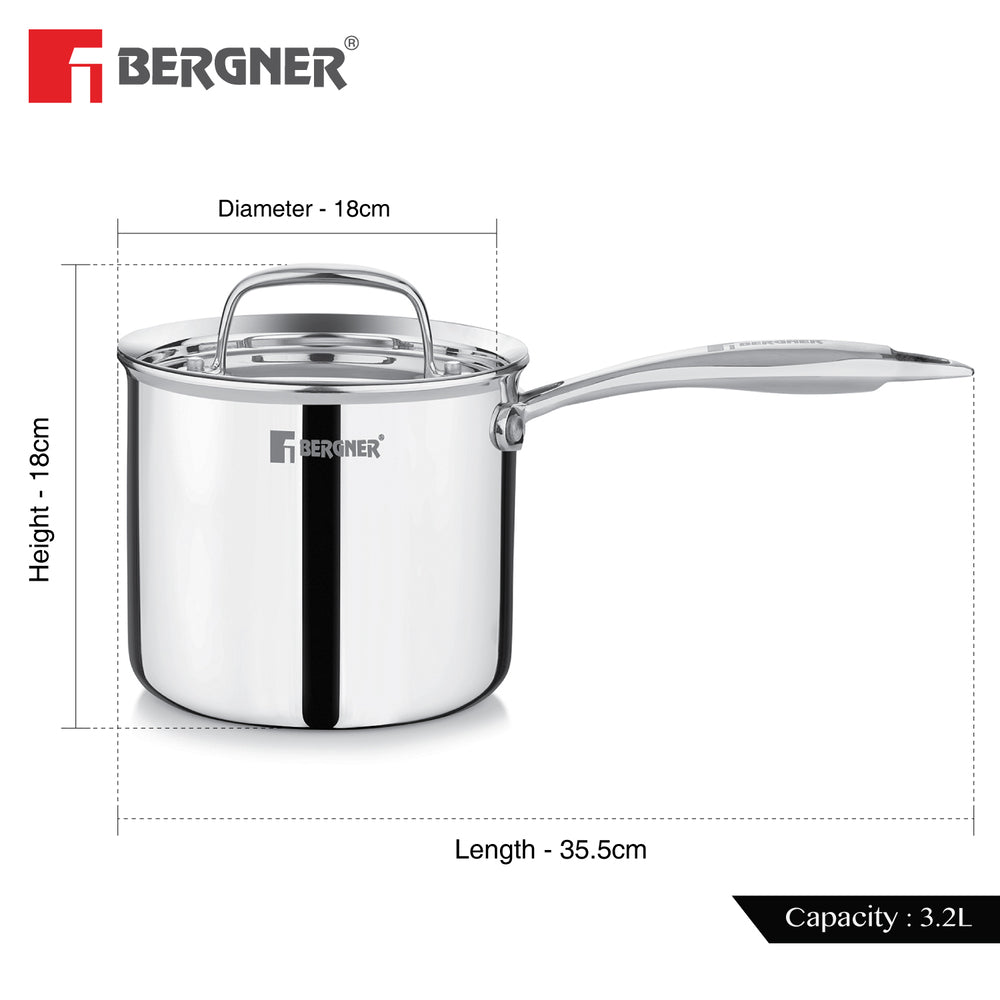 Bergner Argent Triply Stainless Steel Deep Pot (Mudde) 16cm (3L) with Lid
