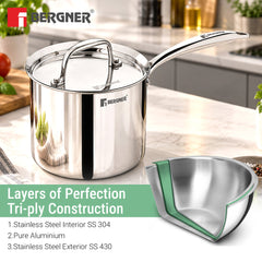 Bergner Argent Triply Stainless Steel Deep Pot (Mudde) 16cm (3L) with Lid