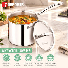 Bergner Argent Triply Stainless Steel Deep Pot (Mudde) 16cm (3L) with Lid