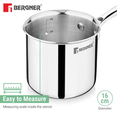 Bergner Argent Triply Stainless Steel Deep Pot (Mudde) 16cm (3L) with Lid