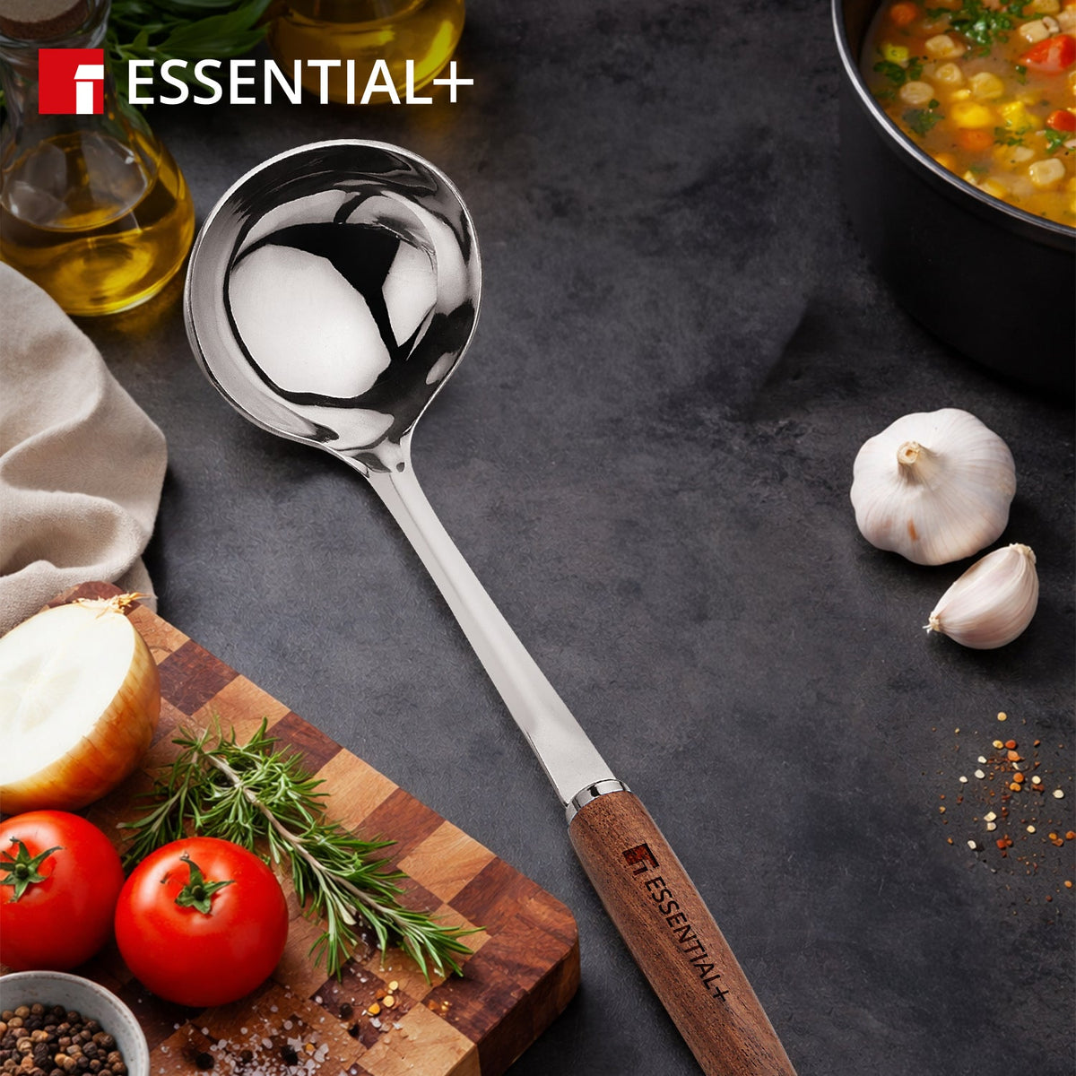 Bergner Essential Plus Stainless Steel 32cm Ladle with Wooden Handle