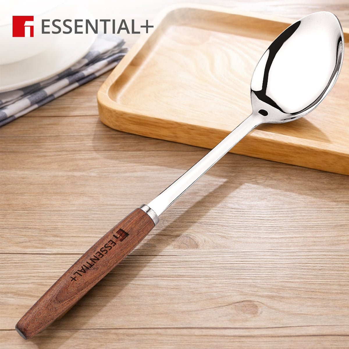 Bergner Essential Plus Stainless Steel 34cm Solid Spoon with Wooden Handle