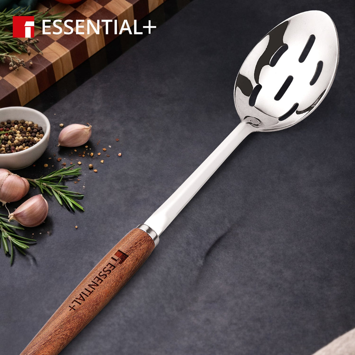 Bergner Essential Plus Stainless Steel 34cm Slotted Spoon with Wooden Handle
