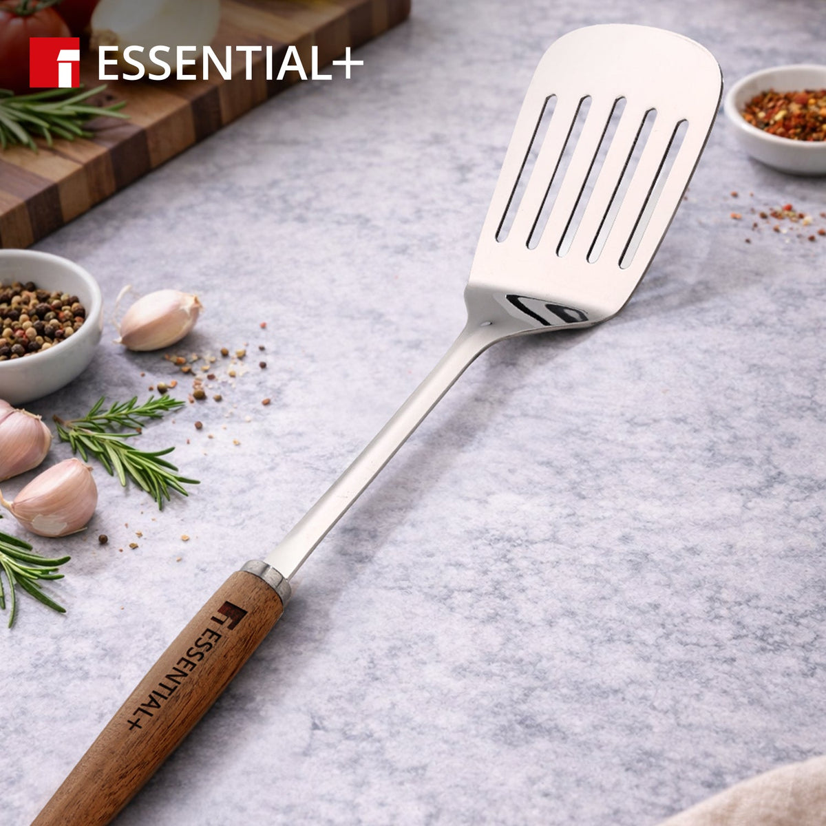 Bergner Essential Plus Stainless Steel 34cm Slotted Turner with Wooden Handle
