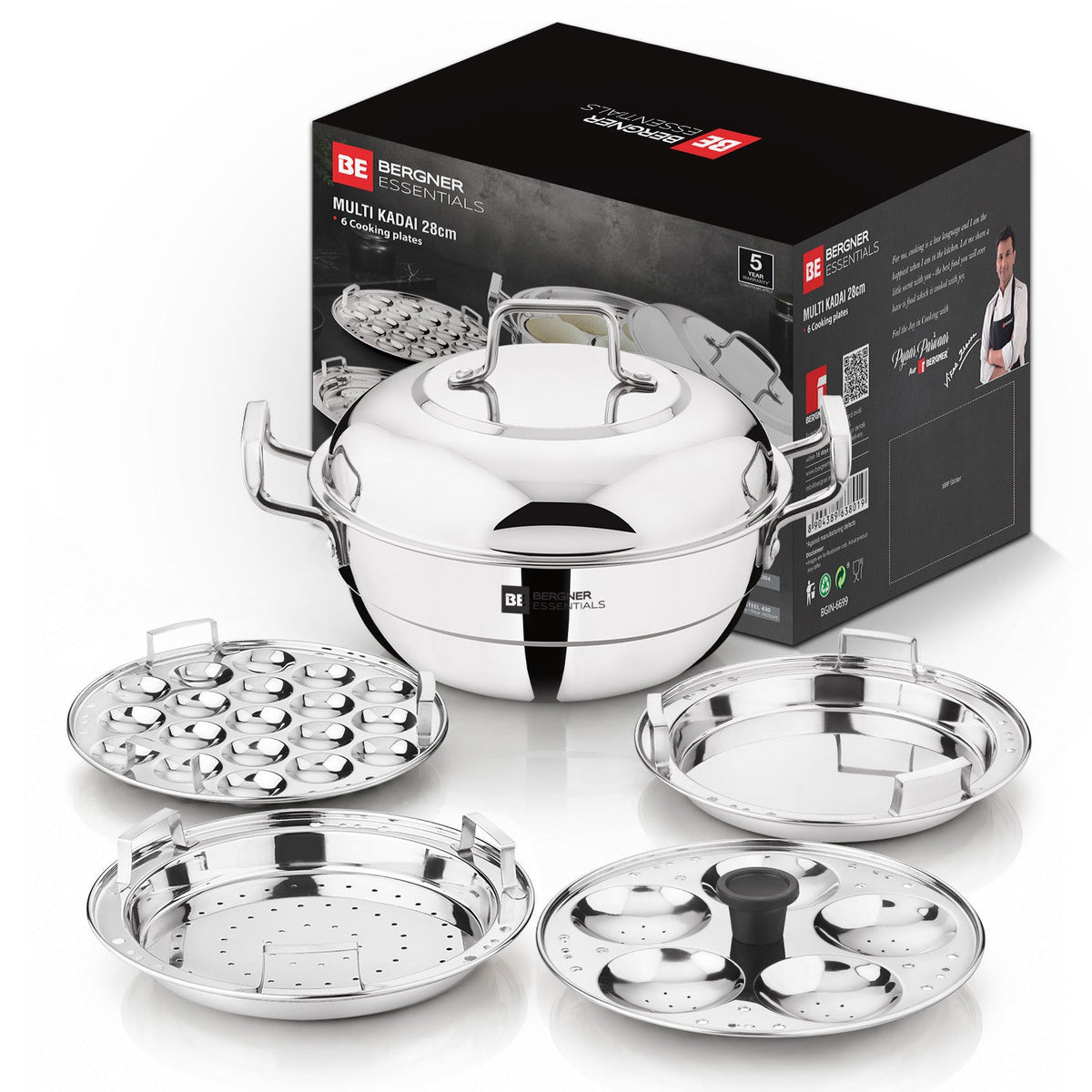 Bergner BE Essentials Triply Stainless Steel Multi Kadai 28cm (5.5L) with Lid & 6 Plates