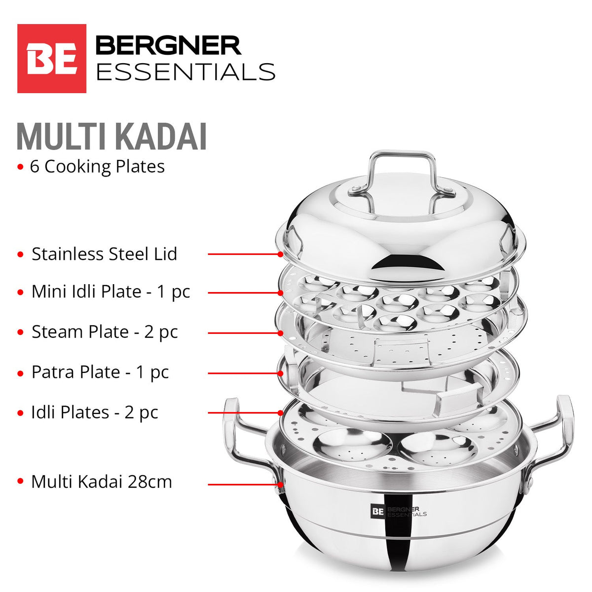 Bergner BE Essentials Triply Stainless Steel Multi Kadai 28cm (5.5L) with Lid & 6 Plates