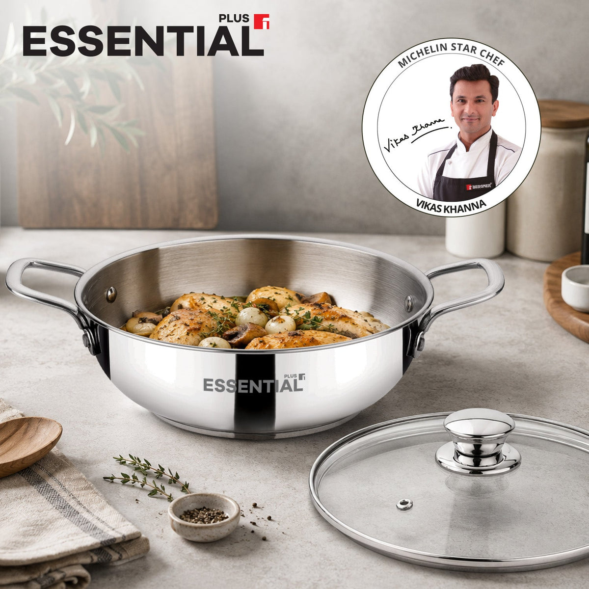 Bergner Essential Plus Stainless Steel Kadai with Glass Lid, 24cm (2.8 L)