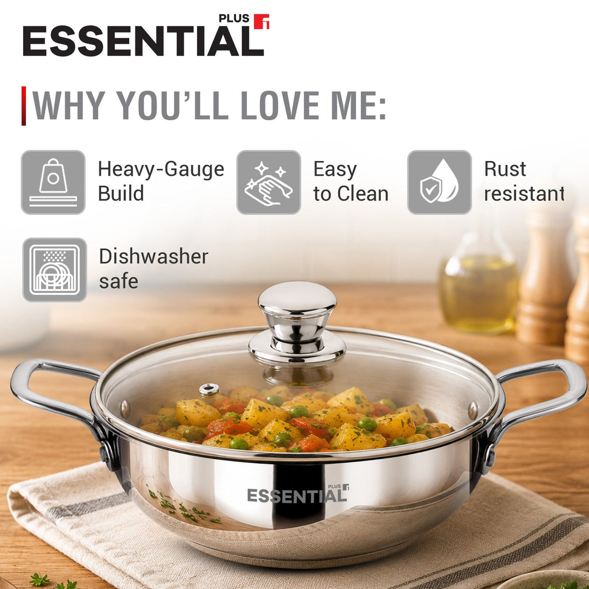 Bergner Essential Plus Stainless Steel Kadai with Glass Lid, 24cm (2.8 L)