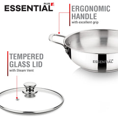 Bergner Essential Plus Stainless Steel Kadai with Glass Lid, 24cm (2.8 L)