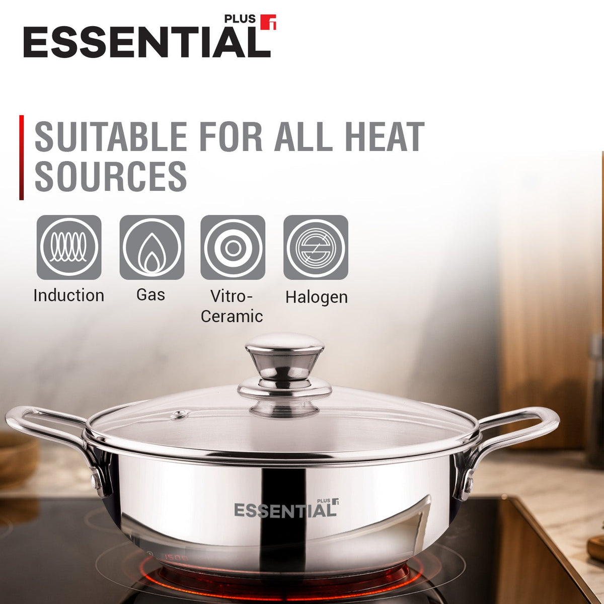Bergner Essential Plus Stainless Steel Kadai with Glass Lid, 24cm (2.8 L)