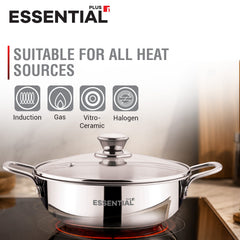 Bergner Essential Plus Stainless Steel Kadai with Glass Lid, 24cm (2.8 L)