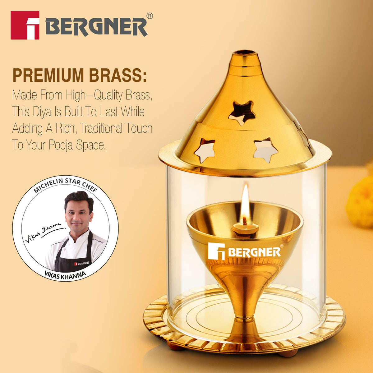 Bergner Anant Brass Akhand Diya with Borosilicate Glass Cover Shield (Small)