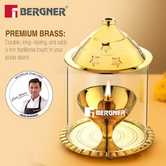 Bergner Anant Brass Akhand Diya with Borosilicate Glass Cover Shield (Medium)