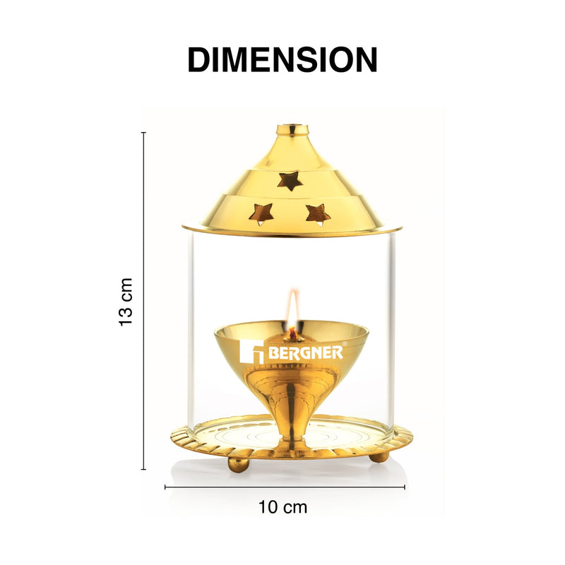 Bergner Anant Brass Akhand Diya with Borosilicate Glass Cover Shield (Medium)