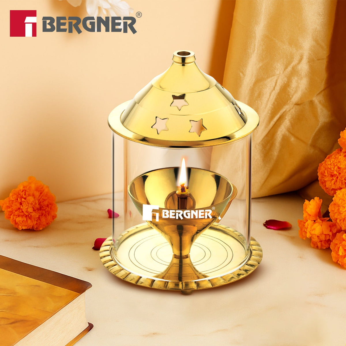 Bergner Anant Brass Akhand Diya with Borosilicate Glass Cover Shield (Medium)