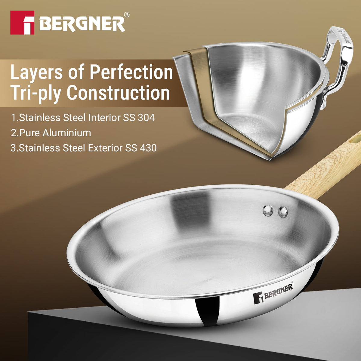 Bergner Tri-Oak Triply Stainless Steel Frypan with Glass Lid 24cm