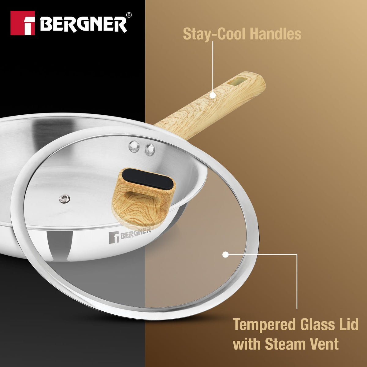 Bergner Tri-Oak Triply Stainless Steel Frypan with Glass Lid 24cm