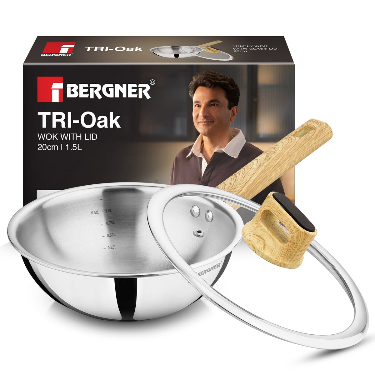 Bergner Tri-Oak Triply Stainless Steel Wok with Glass Lid 20cm (1.5L)