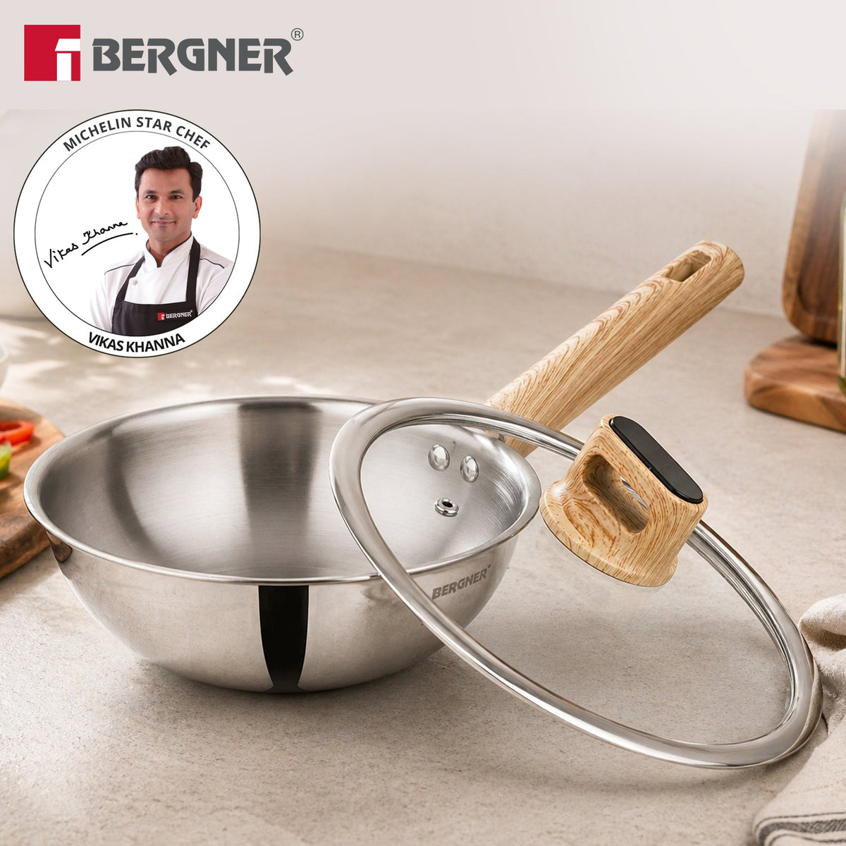 Bergner Tri-Oak Triply Stainless Steel Wok with Glass Lid 20cm (1.5L)
