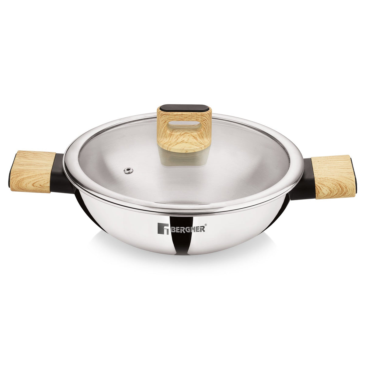 Bergner Tri-Oak Triply Stainless Steel Kadai with Glass Lid 22cm (1.7L)