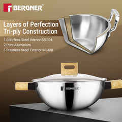 Bergner Tri-Oak Triply Stainless Steel Kadai with Glass Lid 22cm (1.7L)