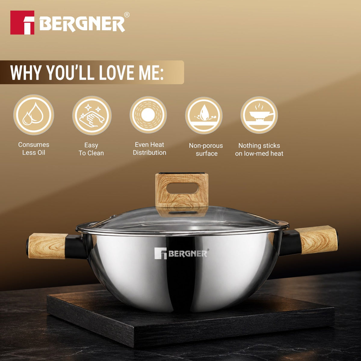 Bergner Tri-Oak Triply Stainless Steel Kadai with Glass Lid 22cm (1.7L)