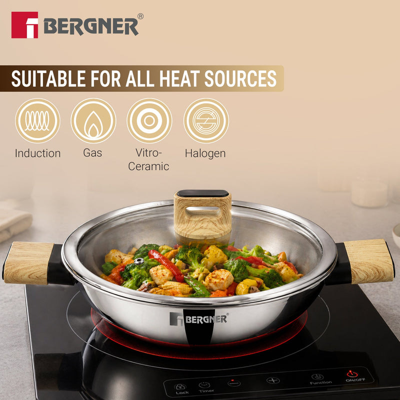 Bergner Tri-Oak Triply Stainless Steel Kadai with Glass Lid 22cm (1.7L)