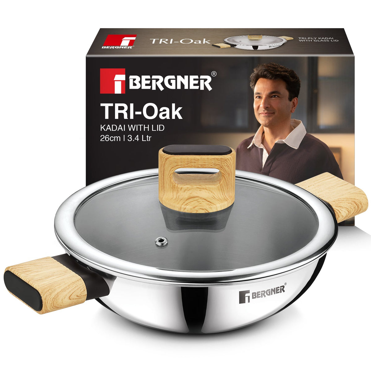 Bergner Tri-Oak Triply Stainless Steel Kadai with Glass Lid 26cm (2.85L)