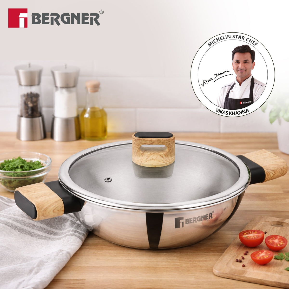 Bergner Tri-Oak Triply Stainless Steel Kadai with Glass Lid 26cm (2.85L)