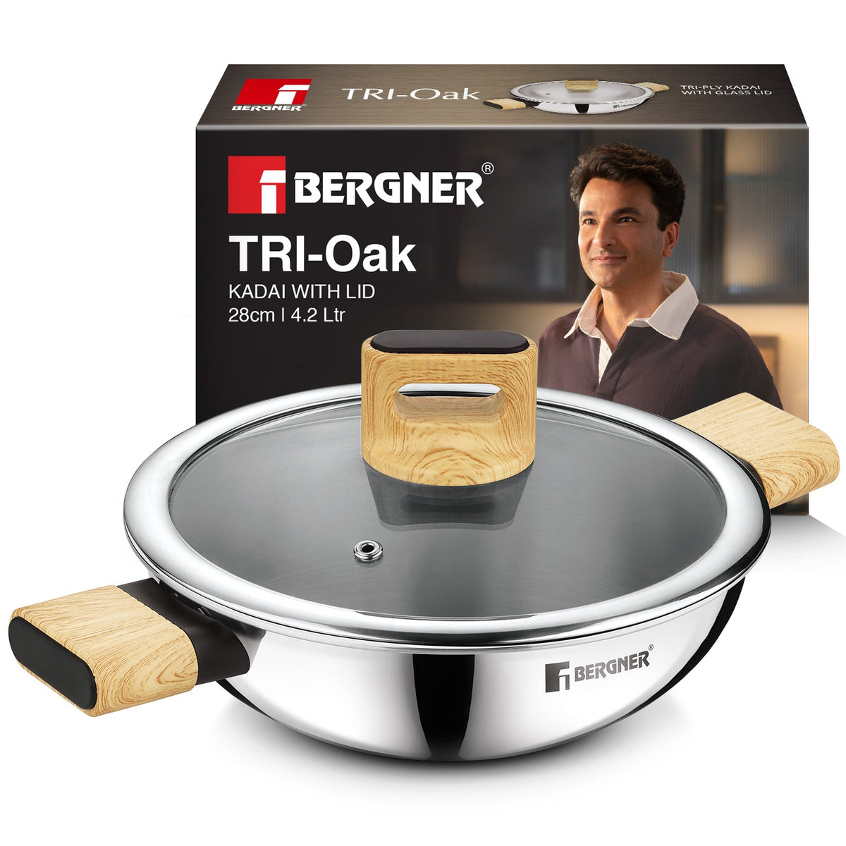 Bergner Tri-Oak Triply Stainless Steel Kadai with Glass Lid 28cm (4.2L)