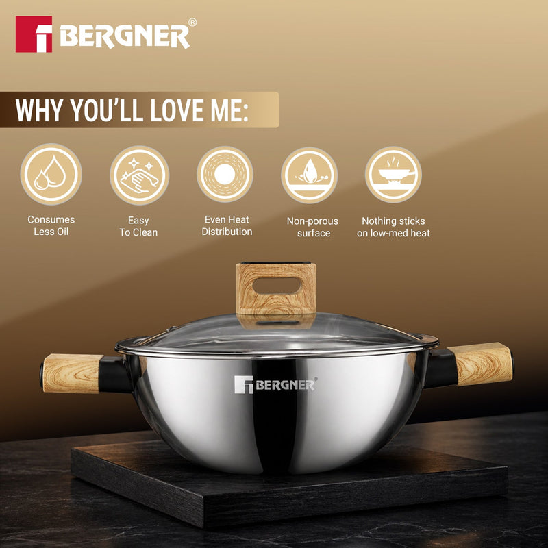 Bergner Tri-Oak Triply Stainless Steel Kadai with Glass Lid 28cm (4.2L)