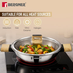 Bergner Tri-Oak Triply Stainless Steel Kadai with Glass Lid 28cm (4.2L)
