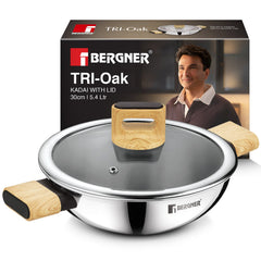 Bergner Tri-Oak Triply Stainless Steel Kadai with Glass Lid 30cm (5.4L)