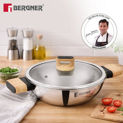 Bergner Tri-Oak Triply Stainless Steel Kadai with Glass Lid 30cm (5.4L)