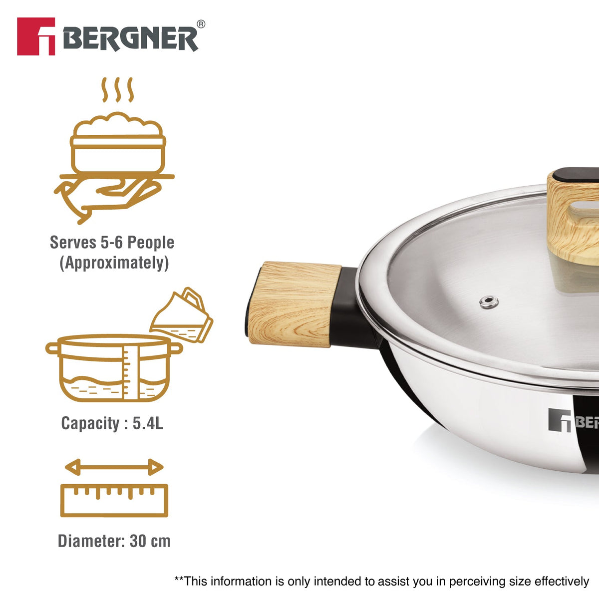 Bergner Tri-Oak Triply Stainless Steel Kadai with Glass Lid 30cm (5.4L)