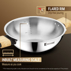 Bergner Tri-Oak Triply Stainless Steel Kadai with Glass Lid 30cm (5.4L)