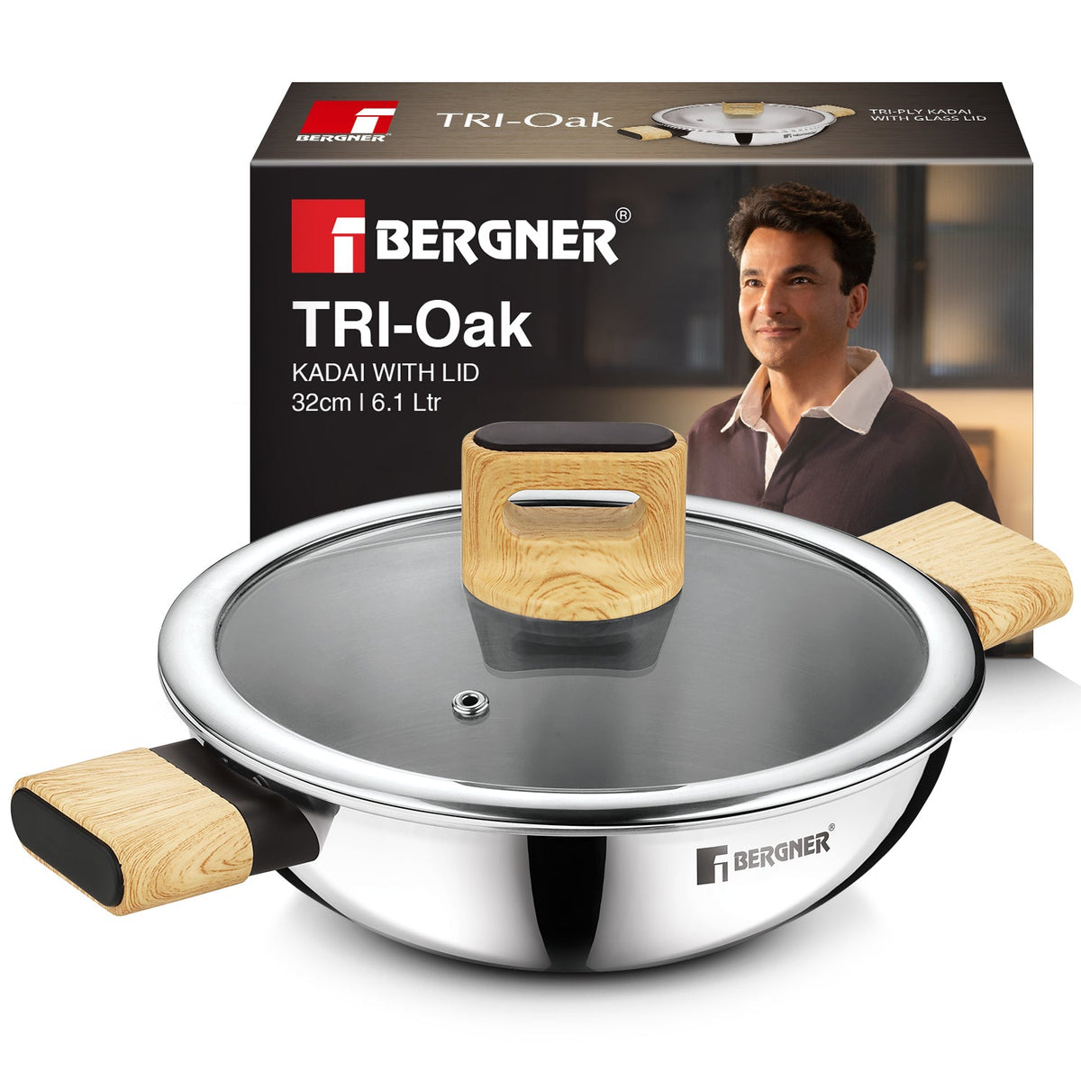 Bergner Tri-Oak Triply Stainless Steel Kadai with Glass Lid 32cm (6.1L)