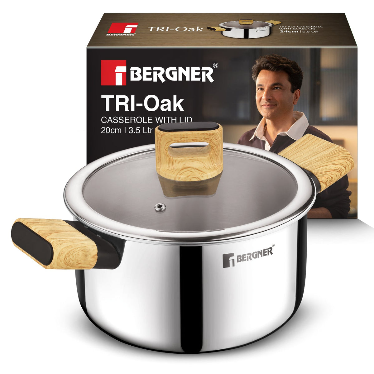 Bergner Tri-Oak Triply Stainless Steel Casserole with Glass Lid 20cm (3.5L)