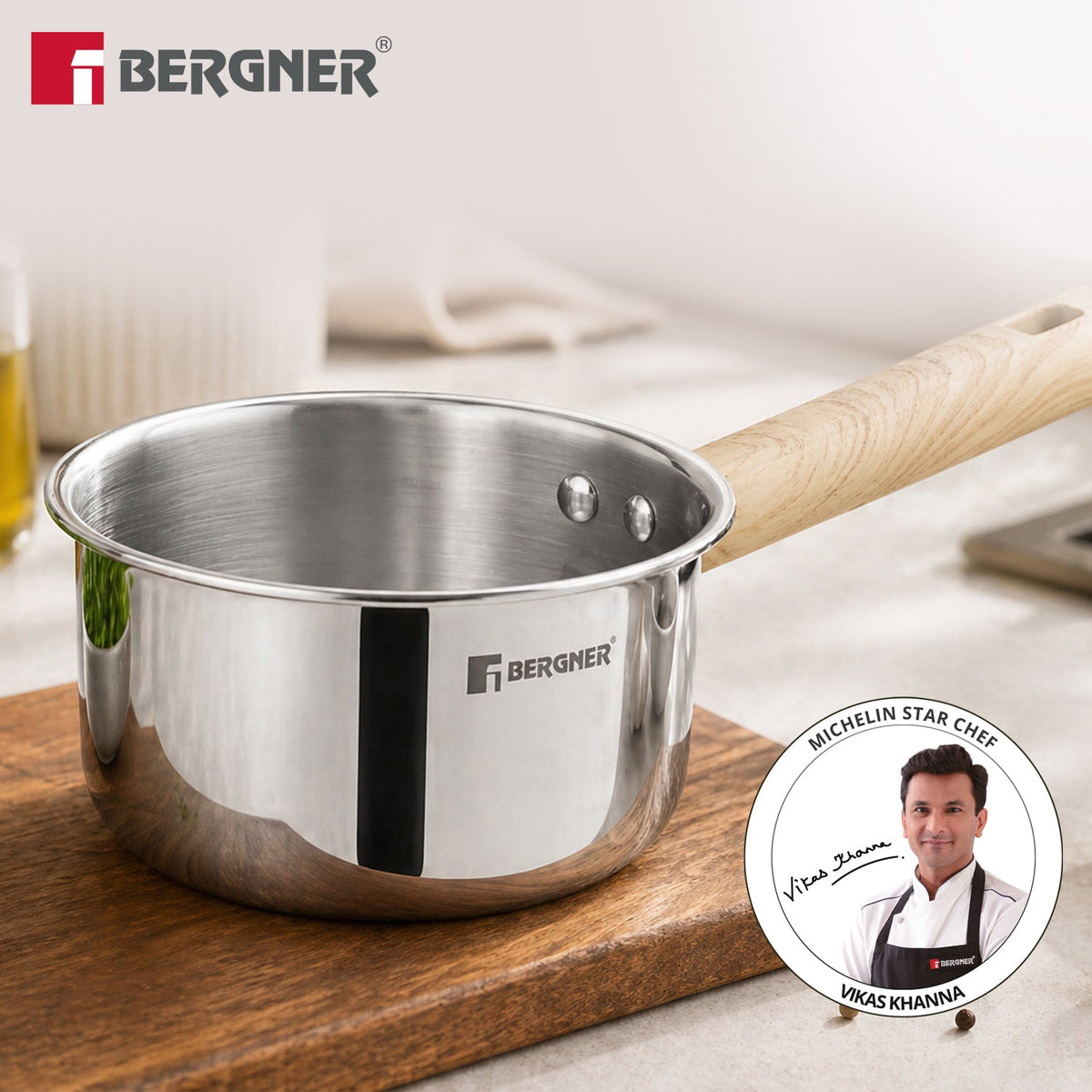 Bergner Tri-Oak Triply Stainless Steel Saucepan 16cm (1.6 L), Wooden Handle - Induction