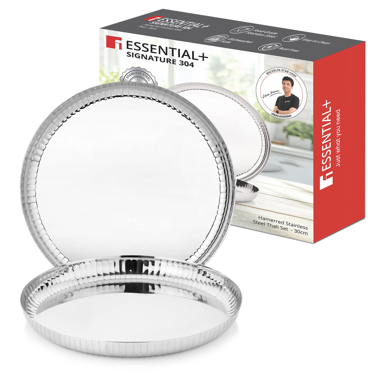 Bergner Signature 304 Stainless Steel Traditional 2 Pcs Dinner Plates (Thali) | Hammered Design