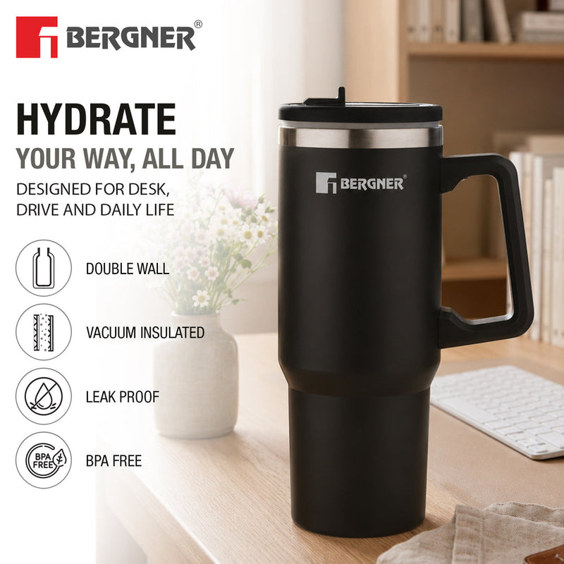 Bergner Walking Hydracarry Stainless Steel Double Wall Tumbler Sipper 900ml - Black