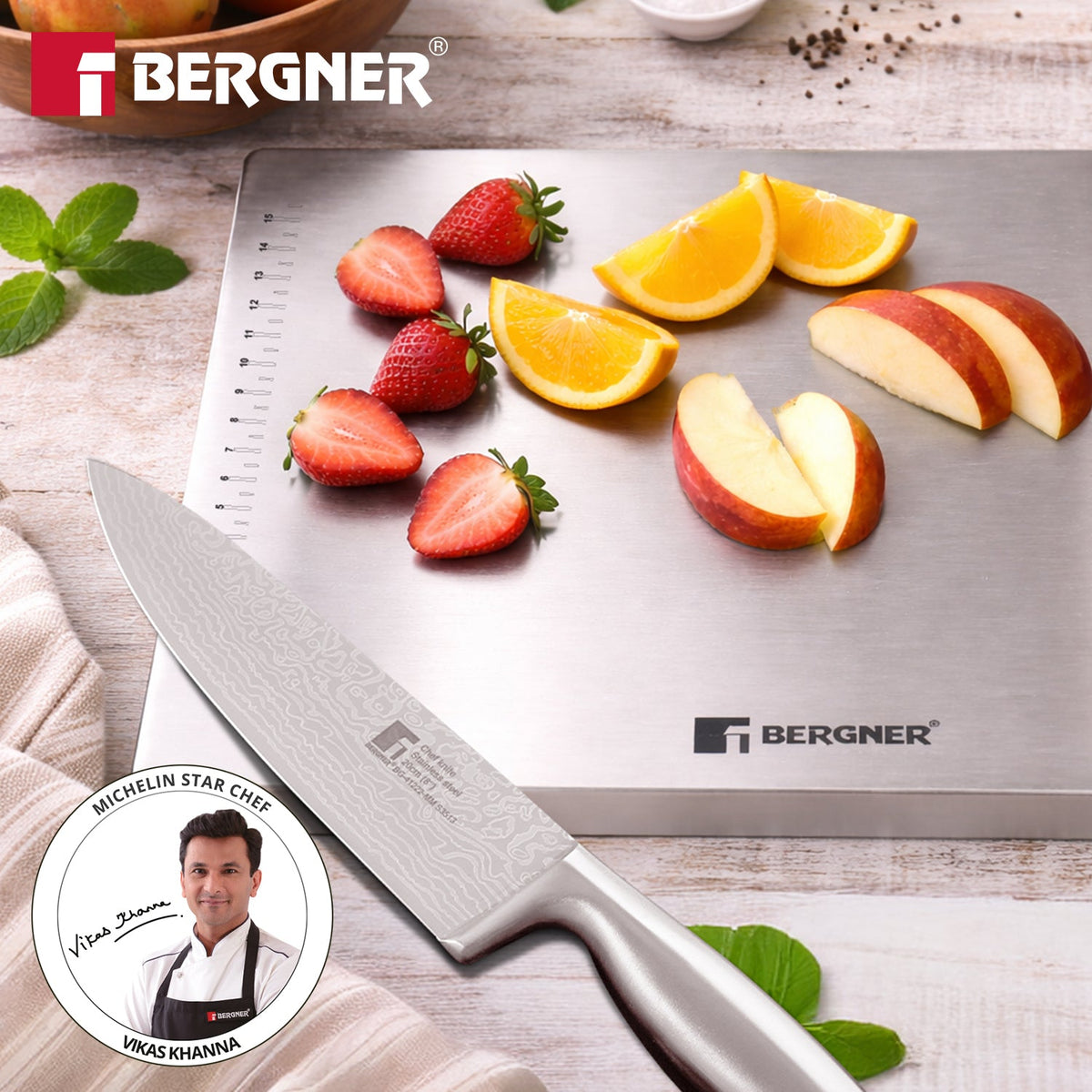 Bergner Stainless Steel Chopping Board with Lip | 36x30cm