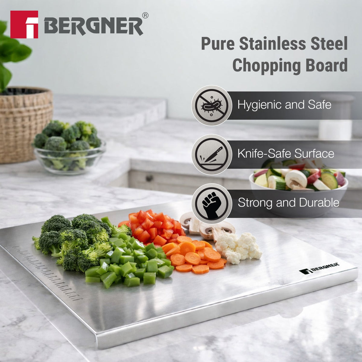 Bergner Stainless Steel Chopping Board with Lip | 36x30cm