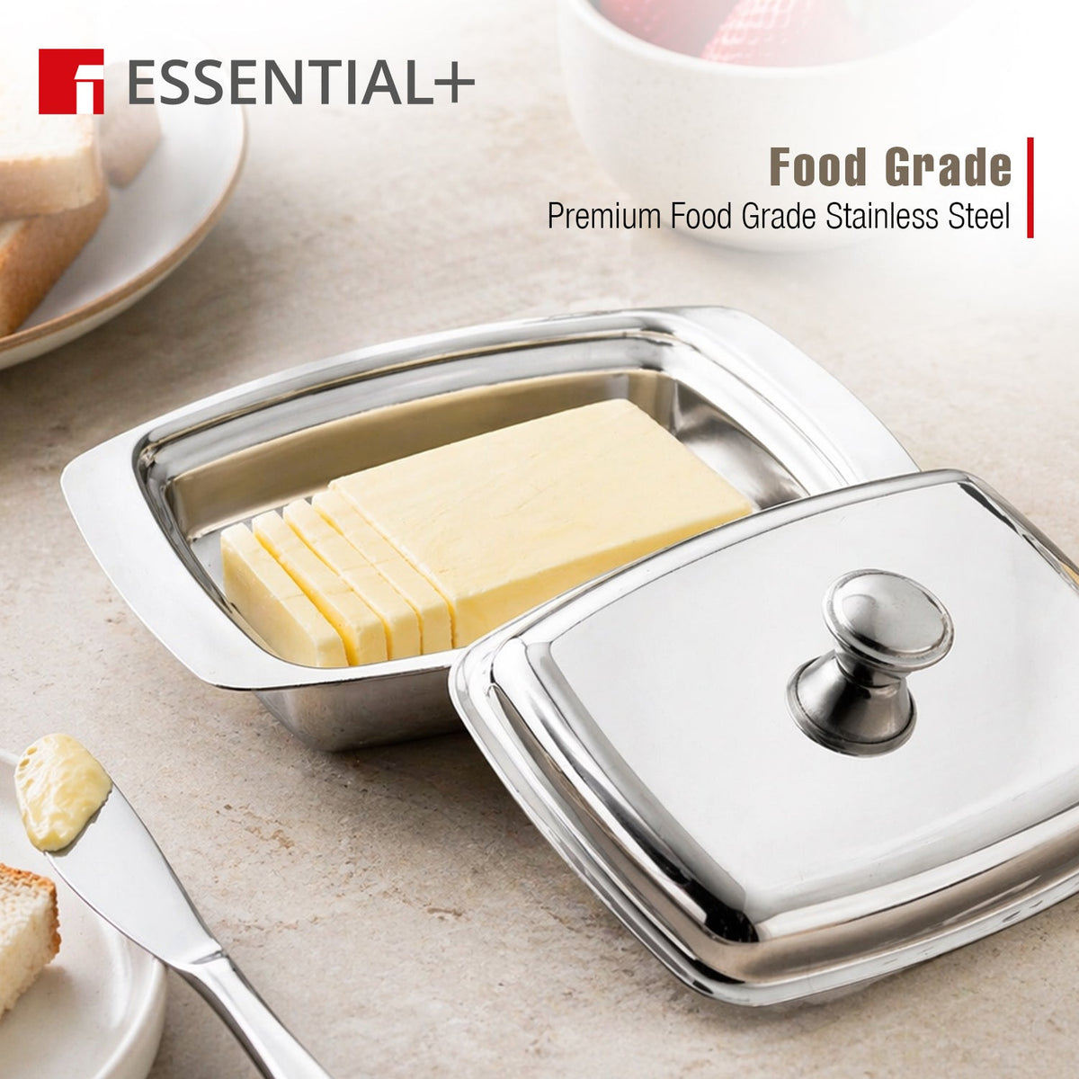 Bergner Essential Plus Stainless Steel Butter Dish with Lid and Additional Butter Knife