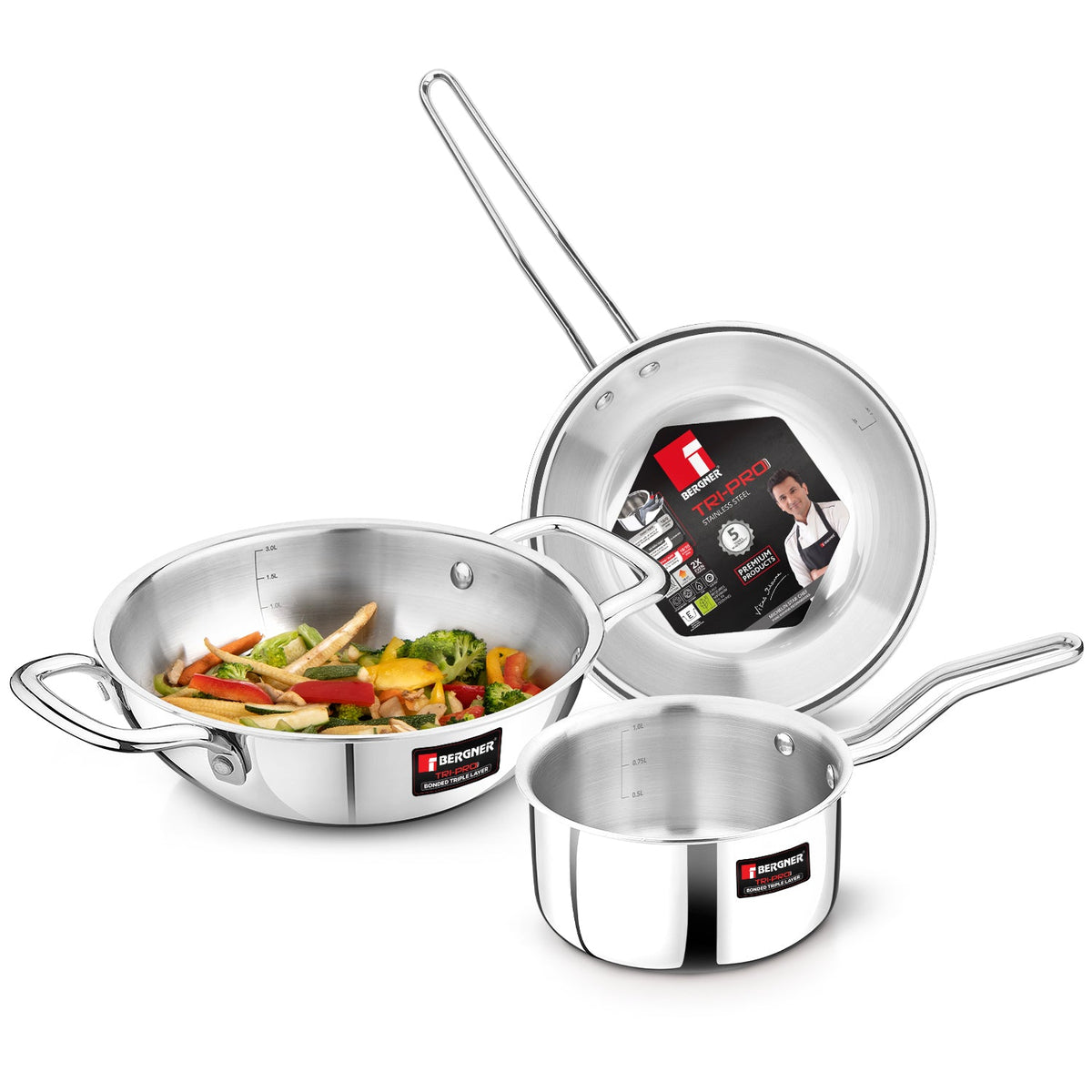 Bergner TriPro Tri-Ply Stainless Steel 3 Pcs Cookware Set - Induction Bottom
