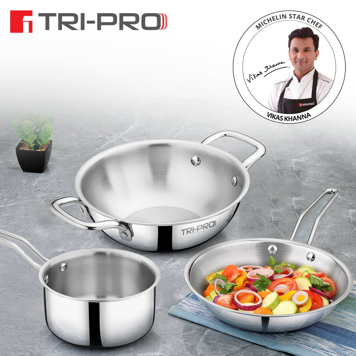 Bergner TriPro Tri-Ply Stainless Steel 3 Pcs Cookware Set - Induction Bottom